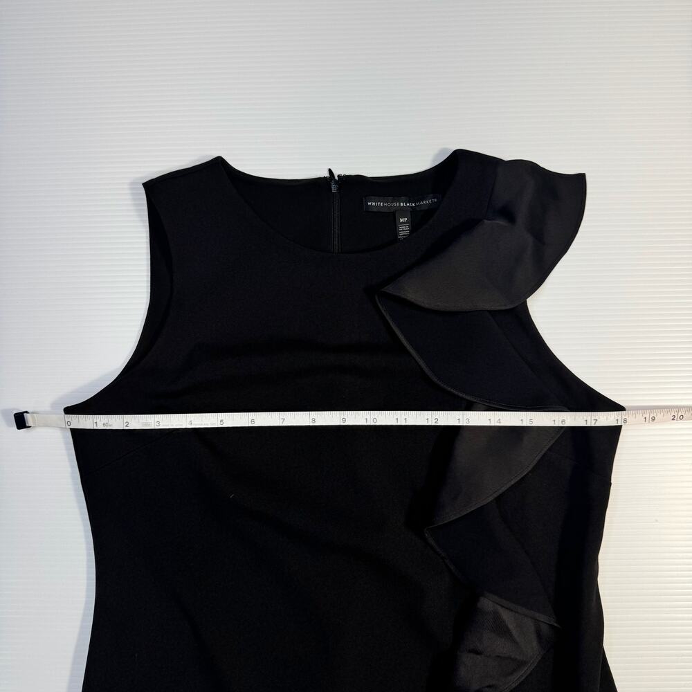 White House Black Market Black Ruffle Sheath Dress Medium Petite MP Cocktail LBD - Picture 7 of 16